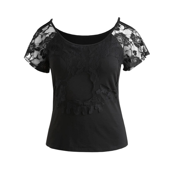 Lace Panel Open Shoulder Plus Size Tee - Black - Picture 6 of 8